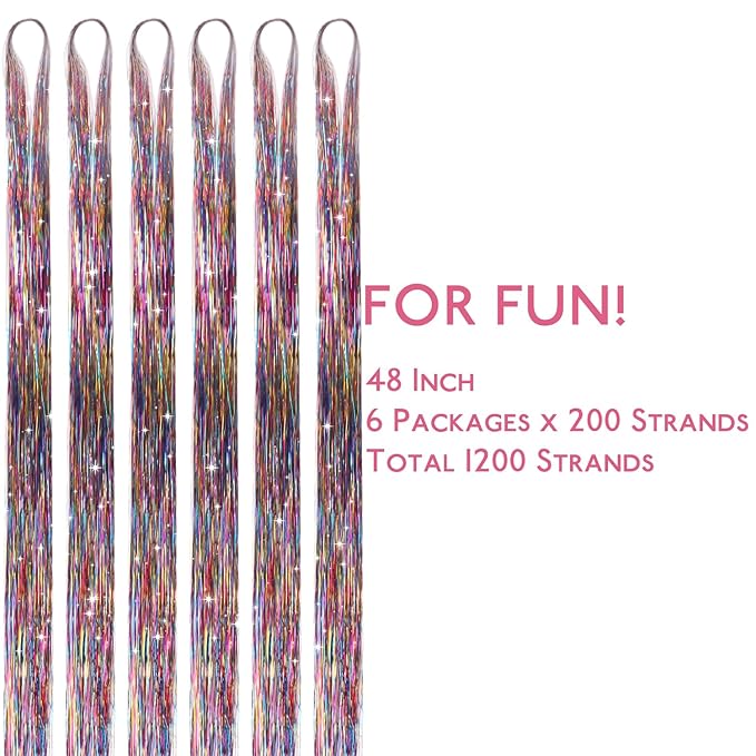 WENNALIFE Hair Tinsel for Girls, Mix 3 Colors Fairy Kit 1200 Strands 6PCS 48 Inch Heat Resistant Glitter Tinsel Hair Extensions Kit Christmas Feathers Sparkle Strands