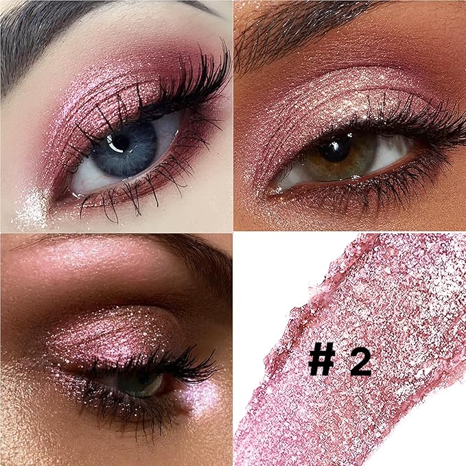 Glitter Eyeshadow Stick Metallic Chrome Finish, Shimmer Cream Eye Shadow Stick Long Lasting Holographic Color Sparkle Multi-Use Eye Brightener Highlighter Makeup Blendable Eyeliner Pencil, 2#