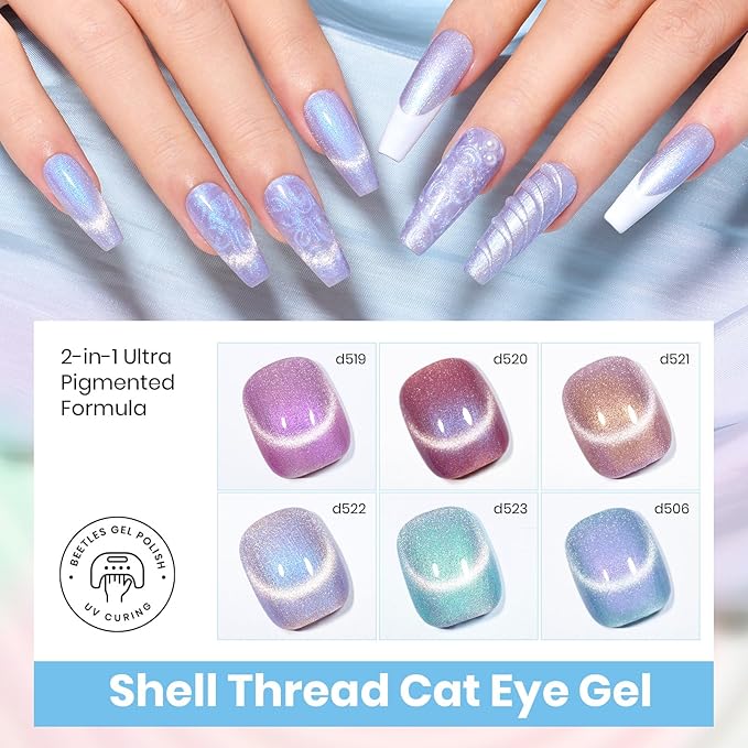 Beetles Pearl Gel Nail Polish, 6 Colors Shimmer Cat Eye Holographic Glitter Nail Polish Set with Magnet Rainbow Mermaid Swirl Shell Thread Purple Pink Blue Green Velvet Gel Manicure Gifts for Women