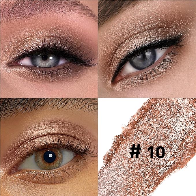 Glitter Eyeshadow Stick Metallic Chrome Finish, Shimmer Cream Eye Shadow Stick Long Lasting Holographic Color Sparkle Multi-Use Eye Brightener Highlighter Makeup Blendable Eyeliner Pencil, 10#