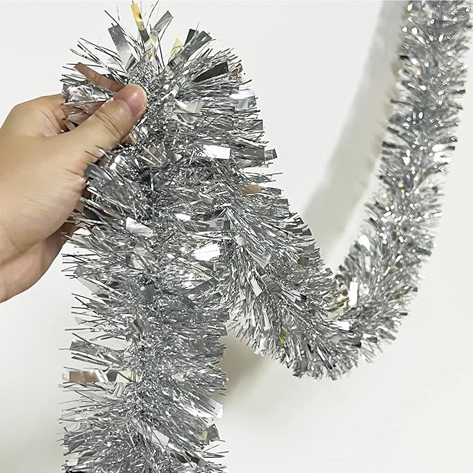 25 ft Long Roll Silver Tinsel Twist Garland, Shiny Metallic Foil Decorations for Parade Floats, Halloween, Christmas Eve, New Year Parties (4" x 25' roll, Silver)