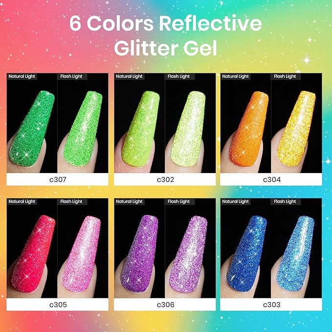 beetles Gel Polish Neon Carnival 6 Colors Reflective Glitter Gel Nail Polish Set Nails Blue Hot Pink Purple Soak Off Uv Led Sparkly bright Colors Halloween Nail Polish Kit Gift for Women