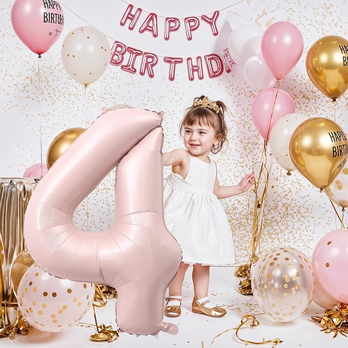 40 Inch Pastel Pink Number Balloon 4, Large Self Inflating Retro Dusty Pink Foil 4 Number Balloons 0-9, Digital 4 Helium Balloons Set for Girls 4th Birthday Boho Women Anniversary Party Decorations