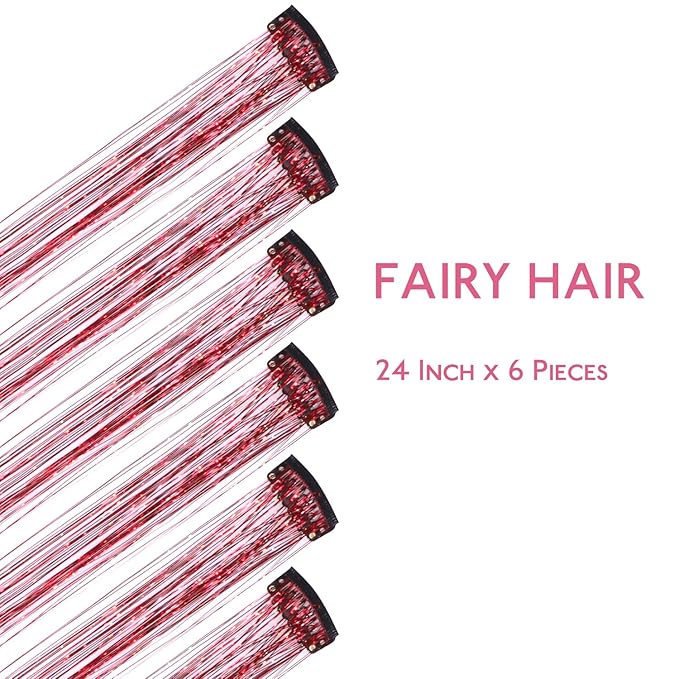 WENNALIFE Hair Tinsel Clip In for Girls Red, 6pcs 24 inch Clips Tinsel Hair Extensions Clip in Colorful Glitter Clips Sparkle Fairy Hair Accessories for Kids
