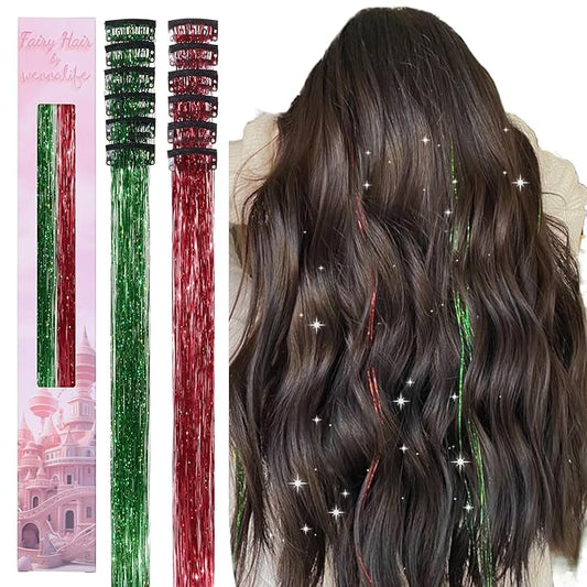 WENNALIFE Hair Tinsel Clip In for Girls Chrismas Kit, 12pcs 24 inch Clips Tinsel Hair Extensions Clip in Colorful Glitter Clips Fairy Hair Accessories for Kids