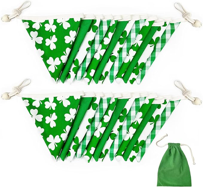2 Sets of Shamrocks Nursery Garland 20Pcs Green Plaid Clover Pennant Banner Flags Fabric Linen Triangle Streamers for St Patrick's Day Party Decorations Spring Birthday Baby Shower Baby Bedroom Decor