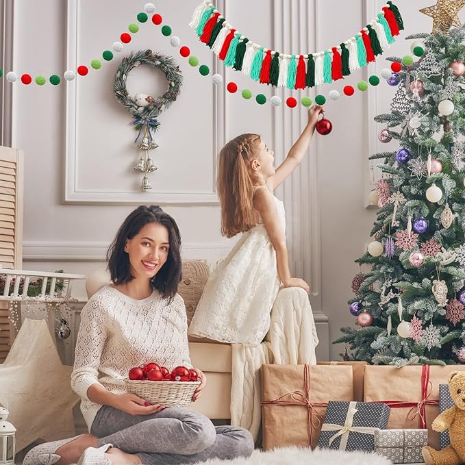 2 Pcs Boho Tassel Christmas Garland, Pom Pom Tassel, 6.5 Feet Long 20 Felt Balls, Christmas Colorful Wall Hanging Party Decorative Banner, Home Decoration Birthday Baby Shower