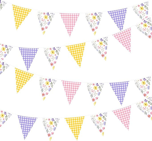 32Ft Wildflower Party Decorations Pink Purple Yellow Gingham Plaid Flowers Pennant Floral Banner Fabric Triangle Flag Garland Streamers for Easter Spring Summer Birthday Baby Shower Picnic Party Decor