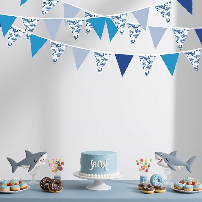 32Ft Shark Party Decorations Blue Cute Shark Triangle Flag Pennant Banner Fabric Garland Streamer for Kids Boys Ocean Birthday Sea Animal Nautical Baby Shower Under The Sea Party Decor Supplies