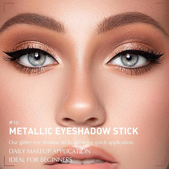 Glitter Eyeshadow Stick Metallic Chrome Finish, Shimmer Cream Eye Shadow Stick Long Lasting Holographic Color Sparkle Multi-Use Eye Brightener Highlighter Makeup Blendable Eyeliner Pencil, 10#