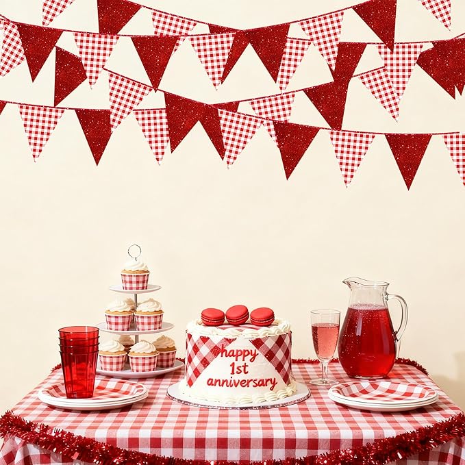 Red Buffalo Plaid Party Decorations Pennant Banner Flag Hanging Red Glitter Paper Triangle Bunting for Birthday Anniversary Baby Shower Wedding Bridal Shower Christmas Holiday Party Decor Supplies