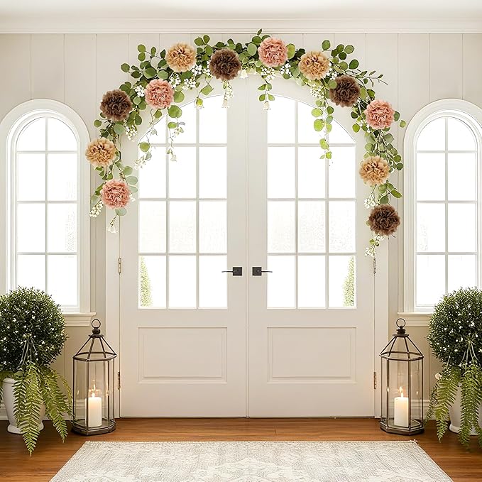 Tissue Paper Pom Pom Garland Hanging Paper Flower Decorations for Wedding Baby Shower Engagement Garden Tea Party Bridal Shower Spring Summer Wall Decor Nursery Arch Backdrop