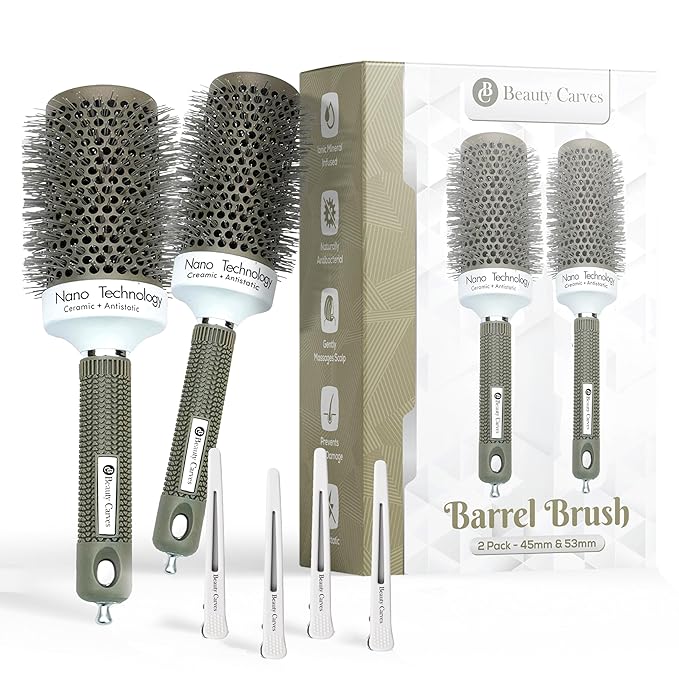Round Brush Set, 45&53mm Barrel with 4 Clips – Round Brush for Blow out with Flexible Nylon 66 Bristles Nano Ionic Heat Resistant Tech for Professional Curling, Styling & Shining Texture