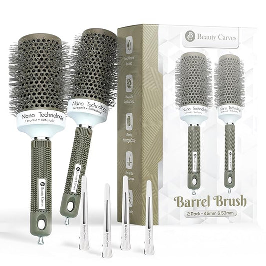 Round Brush Set, 45&53mm Barrel with 4 Clips – Round Brush for Blow out with Flexible Nylon 66 Bristles Nano Ionic Heat Resistant Tech for Professional Curling, Styling & Shining Texture