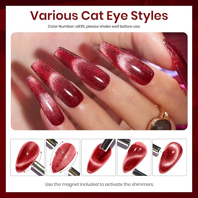 Beetles Red Gel Nail Polish Set, 6 Colors Cat Eye Glitter Burgundy Bright Jelly Nail Polish Set with Magnet, Soak Off LED Lamp DIY Salon at Home Manicure Gifts for Women Red Revival