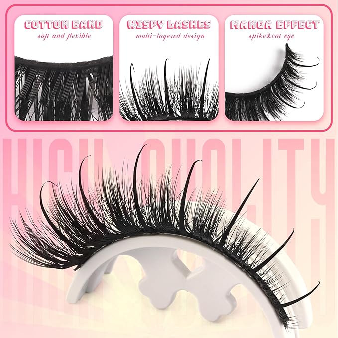 Ahrikiss Lashes Fluffy Eyelashes Wispy Thick False Eyelashes Spiky Manga Lashes D Curl Cat Eye Lashes Natural Look 3D Volume Anime Fake Eyelashes Faux Mink Lashes 14 Pairs Pack (Spike03)