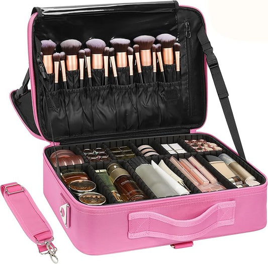 Relavel Makeup Case Large Makeup Bag Professional Train Case Travel Cosmetic Organizer Brush Holder Waterproof Makeup Artist Storage Box, 3 Layer Large Capacity, with Adjustable Strap, Rose Pink