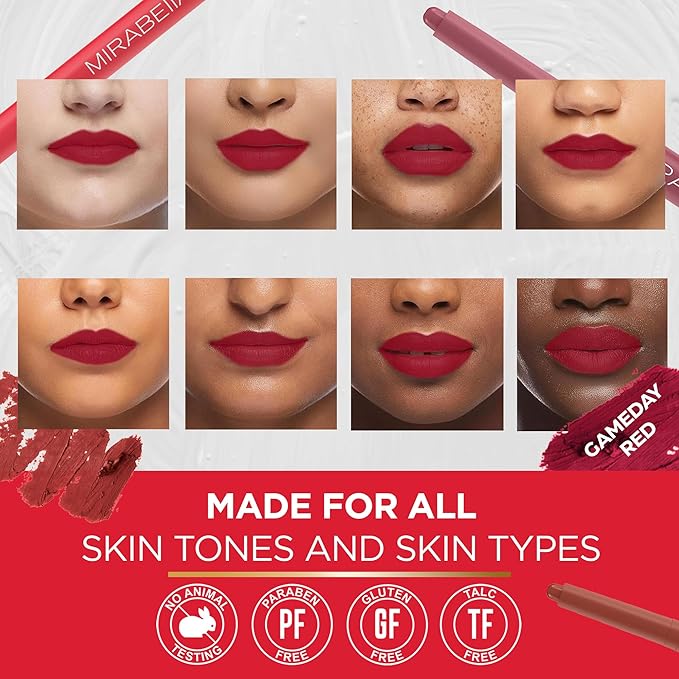 Mirabella - Velvet Matte Lip Crayon, Retractable Highly-Pigmented 2-in-1 Makeup, Long-Lasting Hydrating Lipstick Crayon + Lip Liner, Moisturizing Cream-to-Matte Lipcare Formula, Gameday Red