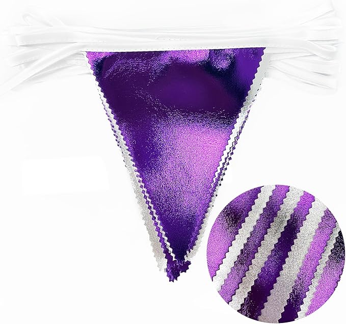 Purple and Silver Party Decorations Triangle Pennant Banner Flag Metallic Fabric Bunting Garland for Birthday Graduation Retirement Bachelorette Wedding Bridal Shower Engagement Disco Party Supplies