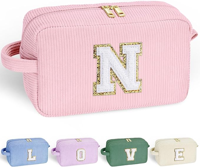 YOOLIFE Small Pink Travel Makeup Bag - Birthday Gifts for Women Girls Initial Cosmetic Bag Makeup Brush Bag Large Makeup Bag Makeup Pouch Cute Makeup Bag Personalized Cute Friend Gifts for Women N