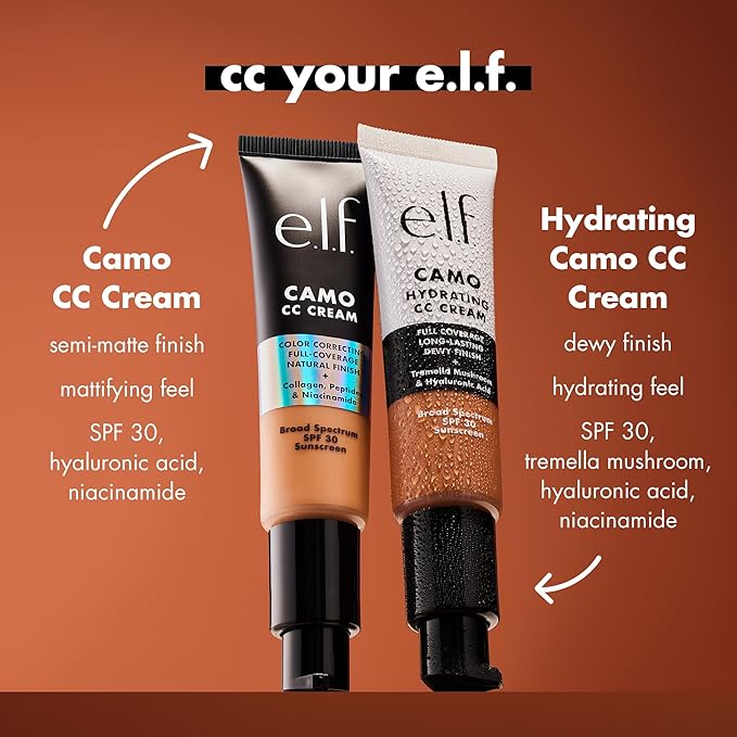 e.l.f. Hydrating Camo CC Cream, SPF 30, Color Correcting Full Coverage Foundation For A Dewy Finish, Vegan & Cruelty-Free, Rich 660 N