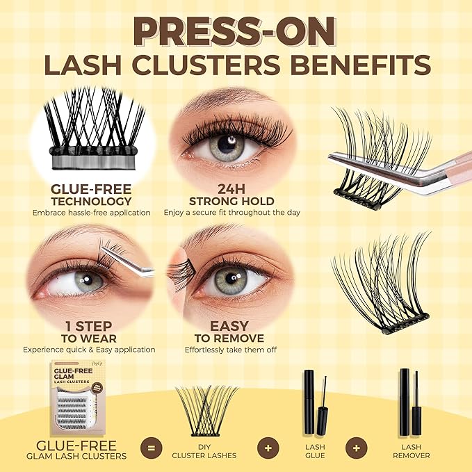 PopUp Self Adhesive Eyelashes Clusters, Press On Lashes Pre Glued Eyelash Extension Kit with Lash Tweezer,10-16mm No Glue No Remover Needed Self Adhesive Lashes Clusters AC58