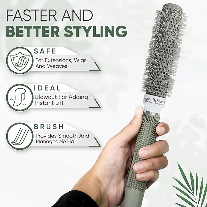 Round 25(mm) Barrel with 2 Clips – Round Hair Brush with Flexible Nylon 66 Bristles Nano Ionic Heat Resistant Tech for Professional Curling, Styling & Shining Texture