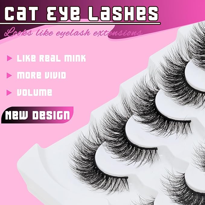 Veleasha Eyelashes Fluffy and Lightweight Fake Eyelashes Natural Look Wispy Faux Mink Lashes 7 Pairs Pack 100% Handmade Luxury Cat Eye Lashes (614)