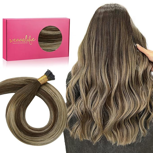WENNALIFE I Tip Hair Extensions Human Hair, 50g 50s 18 Inch Balayage Chocolate Brown to Honey Blonde Remy Itip Human Hair Extensions Invisible Itips Straight I Tips Fusion Extensions Real Human Hair