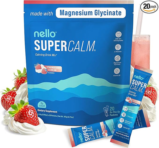 Supercalm Drink Mix - Ashwagandha KSM 66, Magnesium Glycinate & L-Theanine Supplement, Vitamin D3 - Ashwagandha Root Extract - Focus and Relaxation Support (20 Travel Packets) - Strawberries & Cream