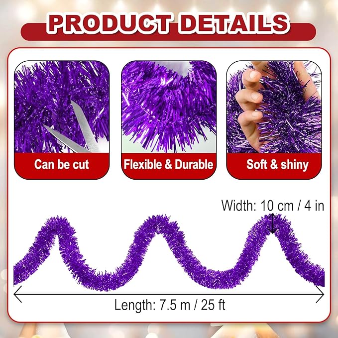 25 Feet Christmas Foil Fringe Banner Metallic Tassle Garland Metallic Backdrop Parade Floats Shiny Hanging Ceiling, Valentine's, Wedding, New Year Party Decorations(4" x 25', Purple)