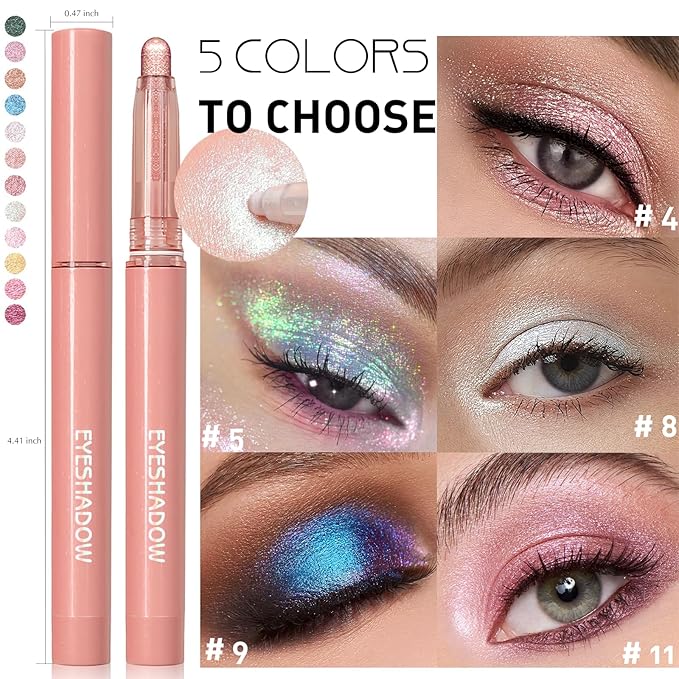 Glitter Eyeshadow Stick Metallic Chrome Finish, Shimmer Cream Eye Shadow Stick Long Lasting Holographic Color Sparkle Multi-Use Eye Brightener Highlighter Makeup Blendable Eyeliner Pencil, 5#