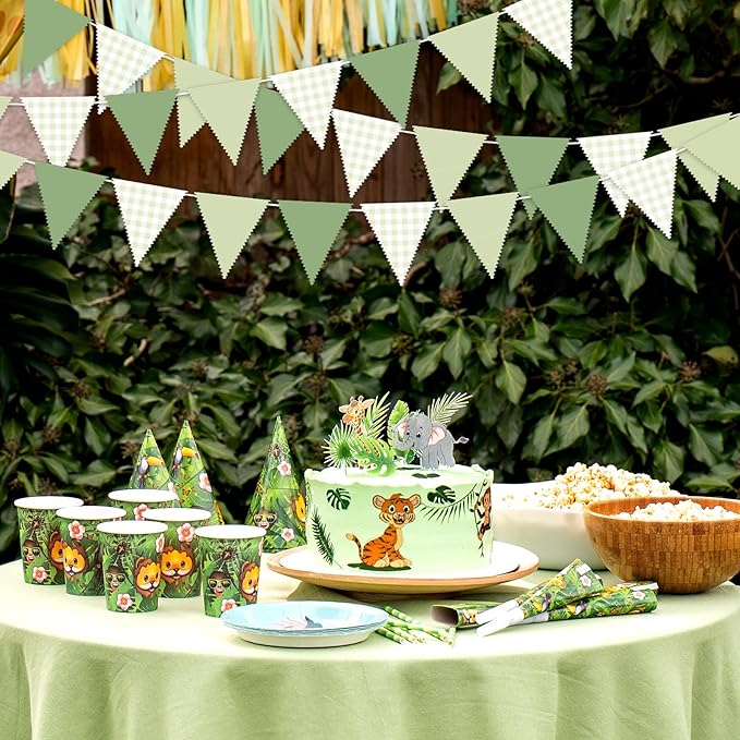 33Ft Green Party Hanging Banner Decoration Green Pennant Plaid Triangle Flag Fabric Bunting Garland for Birthday Wedding Baby Shower Party Supplies