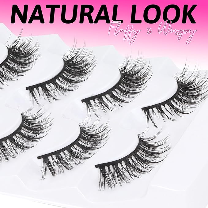 Veleasha Lashes Wispy False Eyelashes 100% Handmade Eyelashes Natural Look Fake Lashes Lightweight Lashes with Soft Cotton Band 5 Pairs Pack (G2-Black Cotton Band)