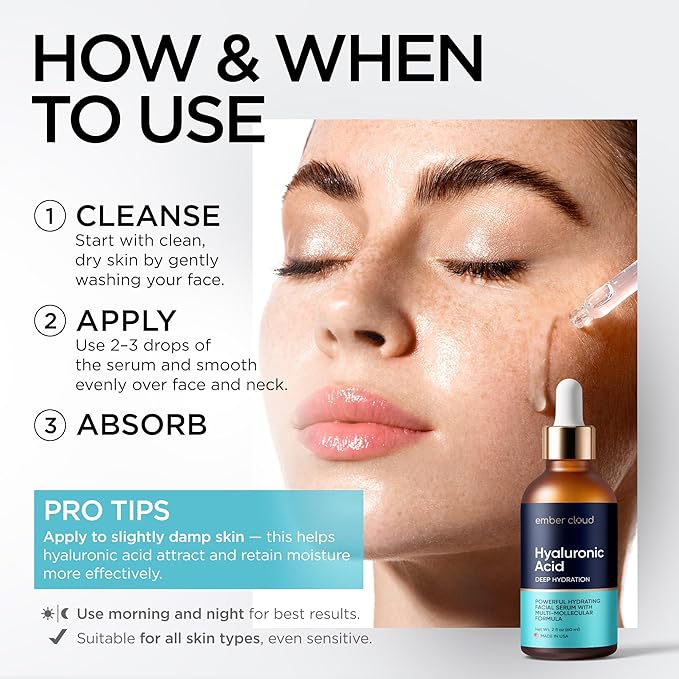 Hyaluronic Acid Serum for Face (2 Oz) for Skin and Lips - Hydrating & Moisturizing Serum for All Skin Types, Paraben-Free & Fragrance-Free
