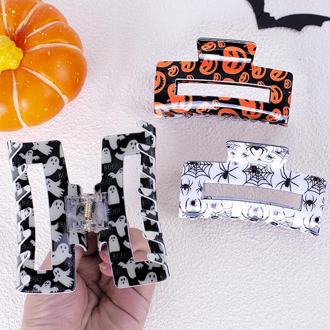 2 Pack Halloween Hair Claw Clips for Women, Pumpkin Spider Square Hair Claws for Thick and Thin Hair Large Claw Clip Hair Accessories for Halloween Costume Party Trick or Treat Deco