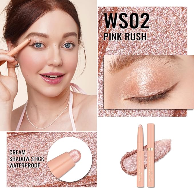 Oulac Nude Eyeshadow Crayon – Twist-Up Waterproof Stick, Soft Shimmer Finish, Vegan & Cruelty-Free, 1.25g, WS02 Pink Rush