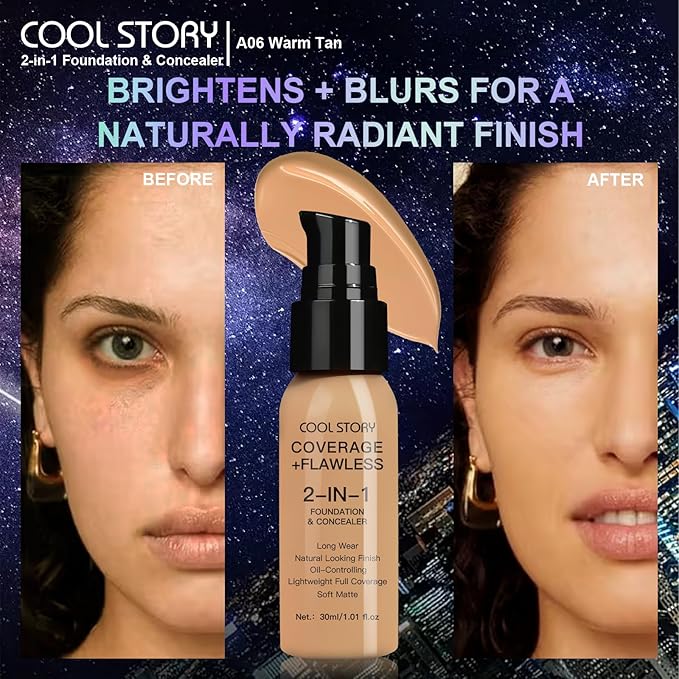 2-in-1 Foundation and Concealer Long Wear Natural Matte Finish Lightweight Coverage (Warm Tan)