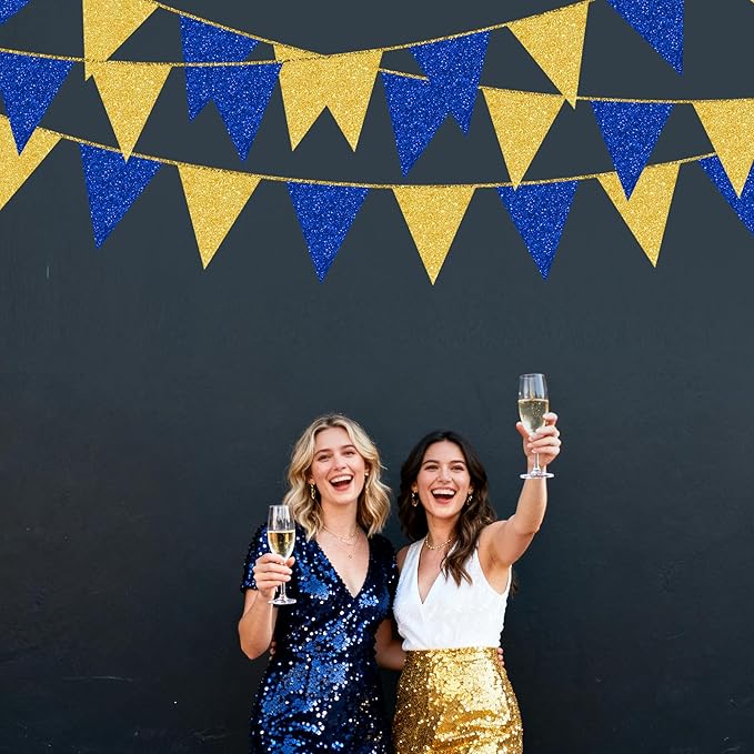 Royal Blue Gold Party Decorations Pennant Banner Flag Glitter Navy Blue and Gold Triangle Hanging Bunting for Birthday Graduation Bridal Shower Wedding Bachelorette Nautical Ahoy Achor Party Supplies