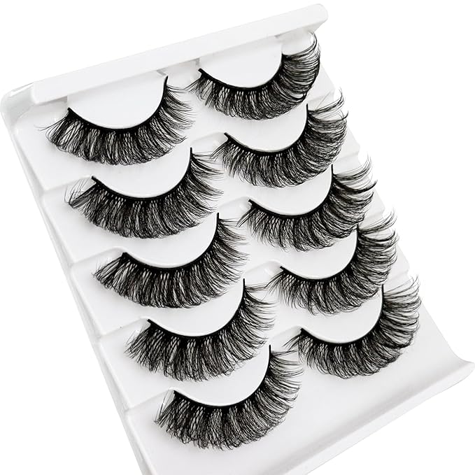 Short Thick Lashes Natural Look D Curl Eyelashes that Look Like Extensions 5 Pair Fluffy Mink Wispy Cat Eye Strip False Volume Lash Pack 8-14mm Full Mega Double Stacked Eyelash Small Fake Lashes