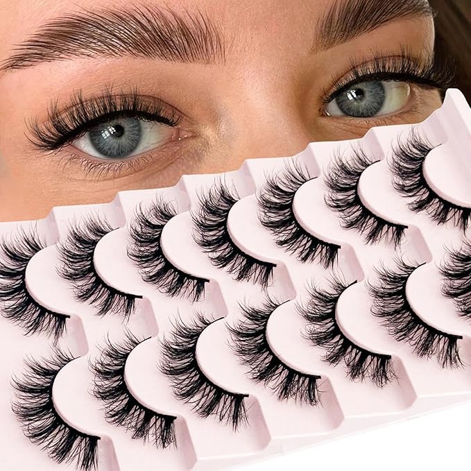 Short Lashes Natural Look Mink Lashes Fluffy Wispy Lashes 14mm Strips Russian D Curl NINGLASH False Eyelashes Cat Eye Lash that Look Like Extensions Fake Eyelash Faux 3D 7 Pairs Lash Pack