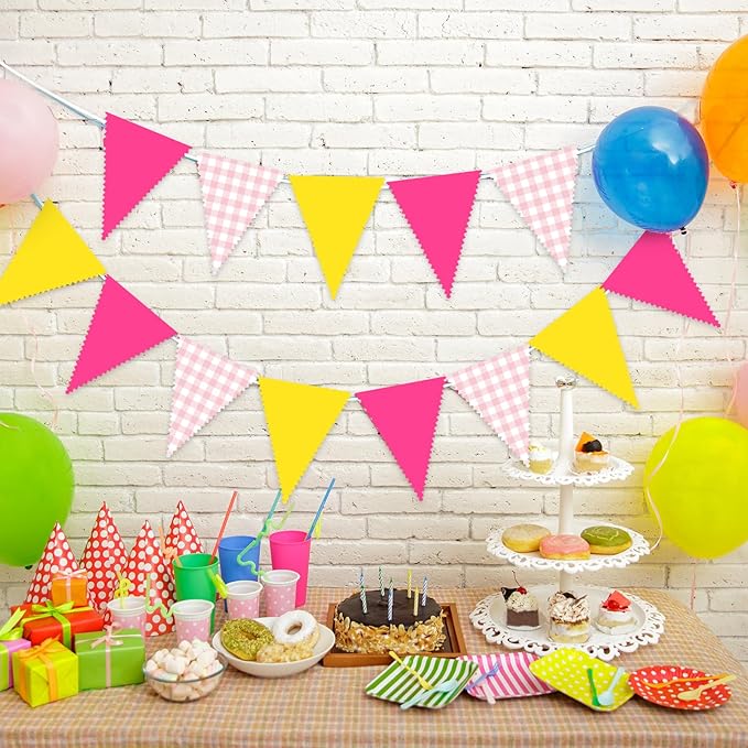33 Ft Softball Theme Hanging Banner Decoration Triangle Flag Pink Yellow Pennant Plaid Fabric Bunting Garland for Birthday Baby Shower Sports Party Supplies