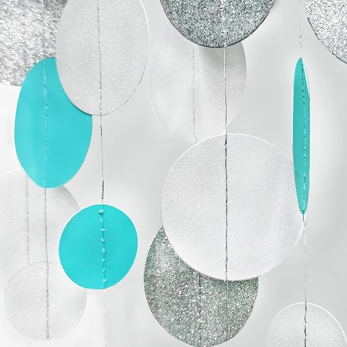 Teal Blue Silver White Party Polka Dot Garland Banner Aqua Turquoise Glitter Silver White Hanging Paper Circle Dots Streamer for Birthday Baby Shower Wedding Bridal Shower Party Decorations Supplies