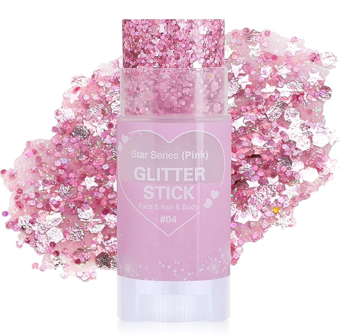 Pink Hair Glitter Stick, Chunky Sequins Body Face Glitter Singer Concert Outfits For Women,Halloween Body Paint for Kids,Waterproof Shimmer Music Festival Pink Out Accessories for Spirit Week
