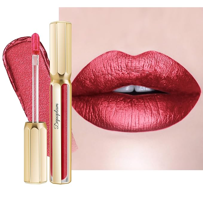 Red Lipsticks for Women Metallic Lipstick Long Lasting Non Stick Cup Lip Gloss, Metal Shine Lightweight Hydrating Full Coverage Lip Color, DP105 Red Riot