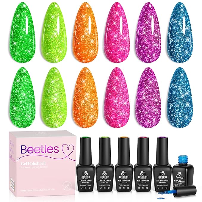 beetles Gel Polish Neon Carnival 6 Colors Reflective Glitter Gel Nail Polish Set Nails Blue Hot Pink Purple Soak Off Uv Led Sparkly bright Colors Halloween Nail Polish Kit Gift for Women