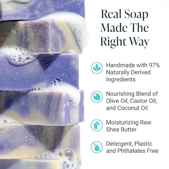 The Bubble Factory Handmade Natural Bath & Body Soap Bar, Vegan, All-Natural, Palm Oil Free, Made in USA with Shea Butter + Essential Oils, Lavender Oatmeal, 3 Bars