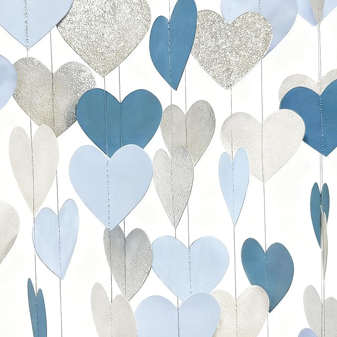 Silver Blue White Heart Party Decorations Dusty Blue Glitter Paper Silver White Love Heart Hanging Garland Streamer Banner for Birthday Baby Shower Valentines Day Anniversary Wedding Party Supplies