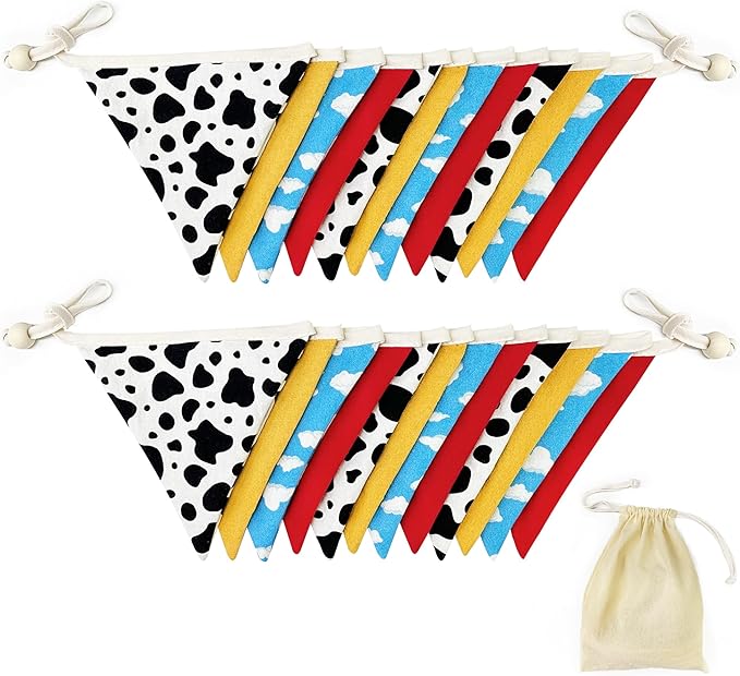 2 Sets of Cartoon Story Party Decorations Nursery Garland 24Pcs Red Blue Yellow Toy Themed Story Fabric Banner Cloud and Cow Print Triangle Pennant Flag Streamers for Kids Birthday Baby Shower Decor