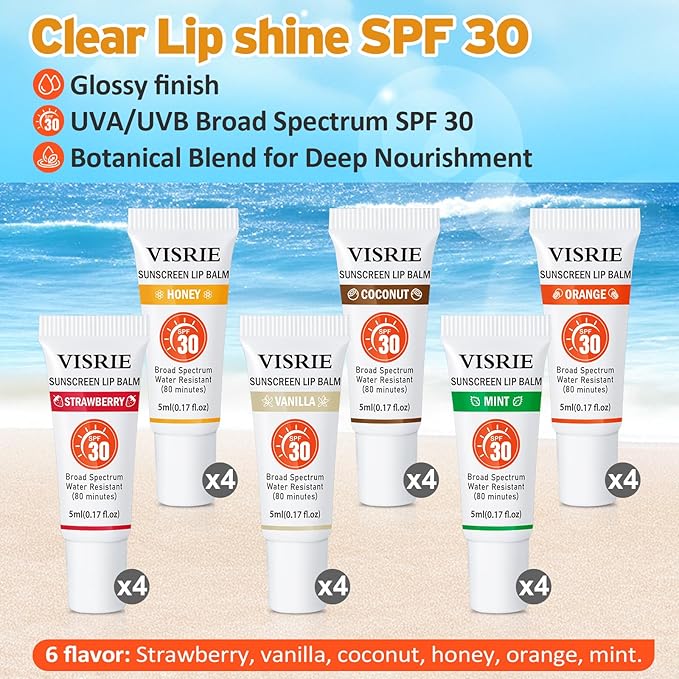 SPF 30 Lip Sunscreen, SPF Lip Balm Bulk 24 Pack, Moisturizing Sunscreen Lip Balm with Vitamin E and Shea Butter, Non-Sticky SPF Lip Gloss for All Skin Tones-Clear